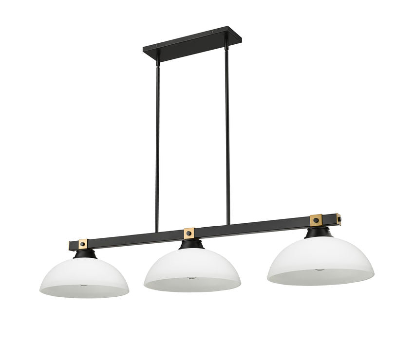 Z-Lite Bronte 14" 3-Light Medium Base Matte Black and Rubbed Brass Matte Opal Glass Dome Shade Billiard Lighting