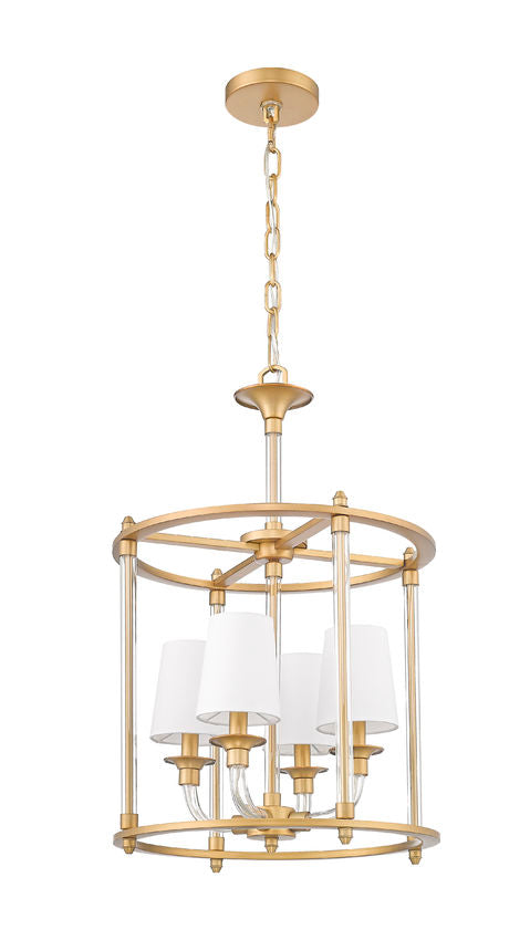 Z-Lite Katerina 16" 4-Light Candelabra Base Rubbed Brass Steel and Glass White Fabric Shade Chandelier