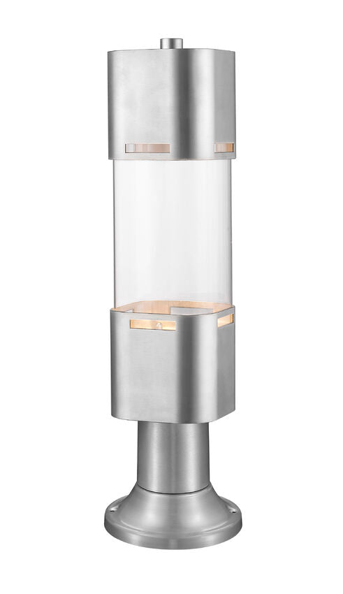 Z-Lite Lestat 5" W x 22" H 1-Light LED Brushed Aluminum Outdoor Post Mount Fixture and Round Pier Mount With Clear Glass Shade