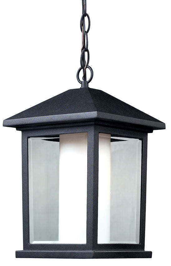 Z-Lite Mesa 10" 1-Light Black Aluminum Outdoor Chain Mount Ceiling Fixture With Clear Beveled and Matte Opal Glass Shade