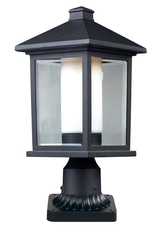 Z-Lite Mesa 8" W x 18" H 1-Light Black Outdoor Pier Mounted Fixture With Clear Beveled and Matte Opal Glass Shade and Square Pier Mount Hardware