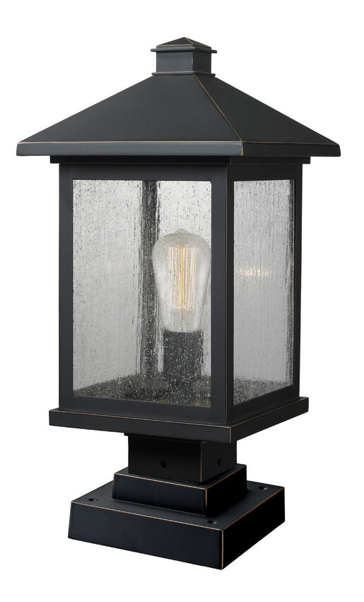 Z-Lite Portland 10" W x 20" H 1-Light Oil Rubbed Bronze Outdoor Pier Mounted Fixture With Clear Seedy Glass Shade and Square Pier Mount Hardware