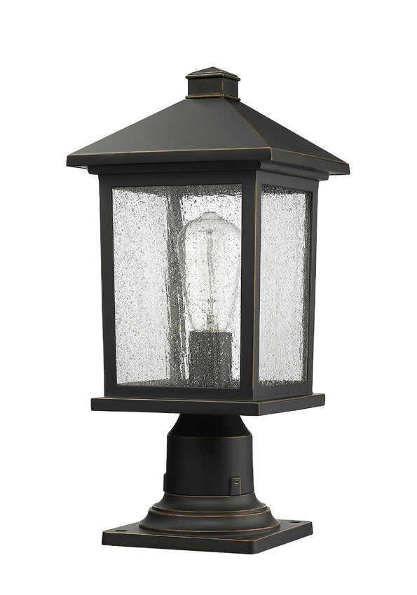 Z-Lite Portland 8" W x 18" H 1-Light Oil Rubbed Bronze Outdoor Pier Mounted Fixture and Square Pier Mount Hardware With Clear Seedy Glass Shade