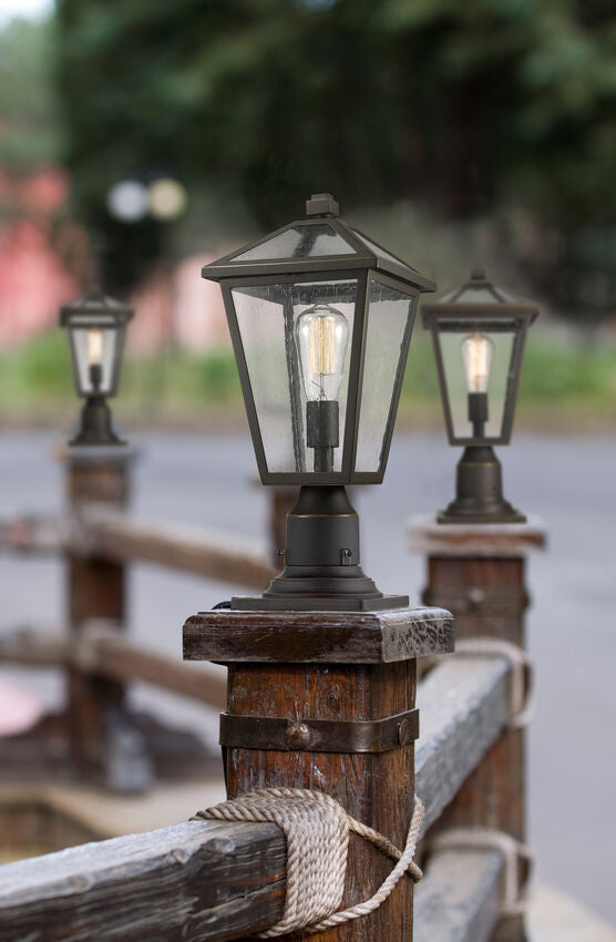 Z-Lite Talbot 8" W x 19" H 1-Light Oil Rubbed Bronze Outdoor Pier Mounted Fixture and Square Pier Mount Hardware With Seedy Glass Shade