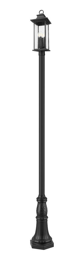 Z-Lite Tiberius 5017PHBR-518P-BK 4-Light Clear Seedy Glass Shade Black Aluminum Outdoor Post Mounted Fixture