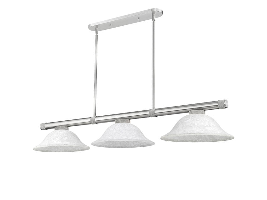 Z-Lite Vanguard 3050-3BN-WM16 59" 3-Light Brushed Nickel Steel and Aluminum Frame White Mottle Glass Shade Billiard Light