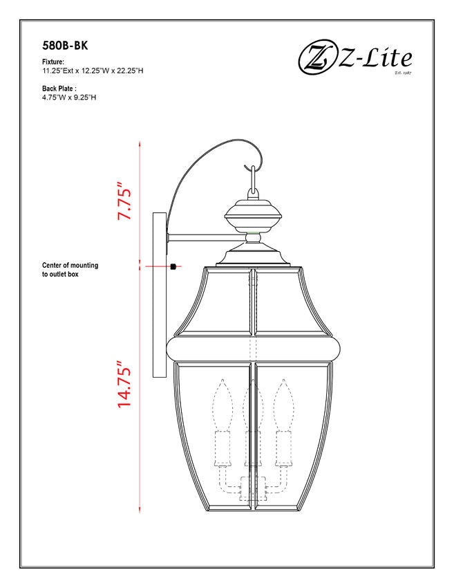 Z-Lite Westover 12" 3-Light Black Brass Outdoor Wall Sconce With Clear Beveled Glass Shade