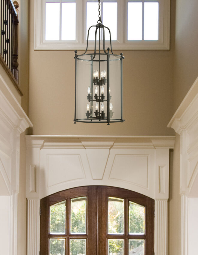 Z-Lite Wyndham 22" 12-Light Bronze Pendant Light With Clear Glass Shade