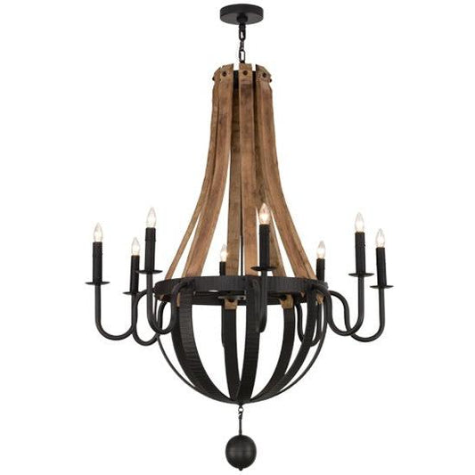 2nd Ave Lighting Barrel Stave 43” Wide 8 LT Madera Chandelier in Wrought Iron and Natural Wood Finish