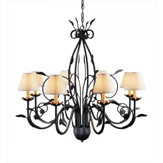 2nd Ave Lighting Bordeaux 36" 8-Light Cream Linen Pleated Shades Rustic Iron Chandelier