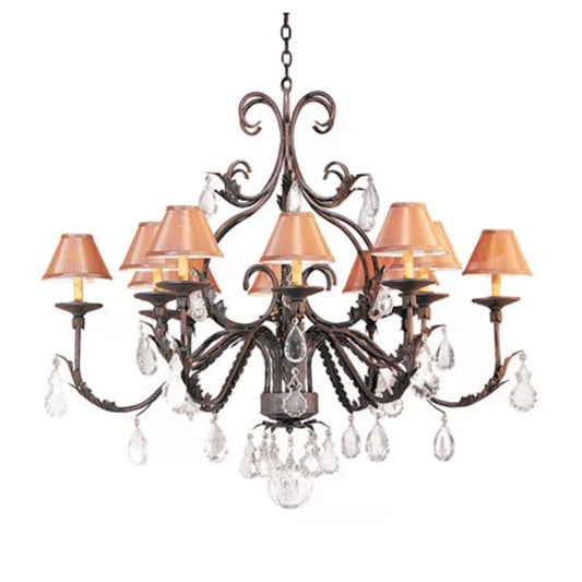2nd Ave Lighting French Elegance 48" 12-Light E12 Base Pecan Textrene Shade Gilded Tobacco Chandelier