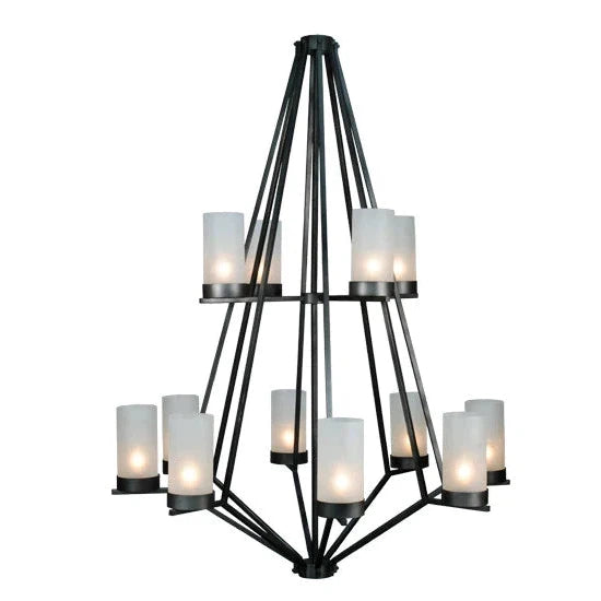 2nd Ave Lighting Galen 60" 12-Light 2-Tier Frosted Glass Shade Wrought Iron Steel Chandelier