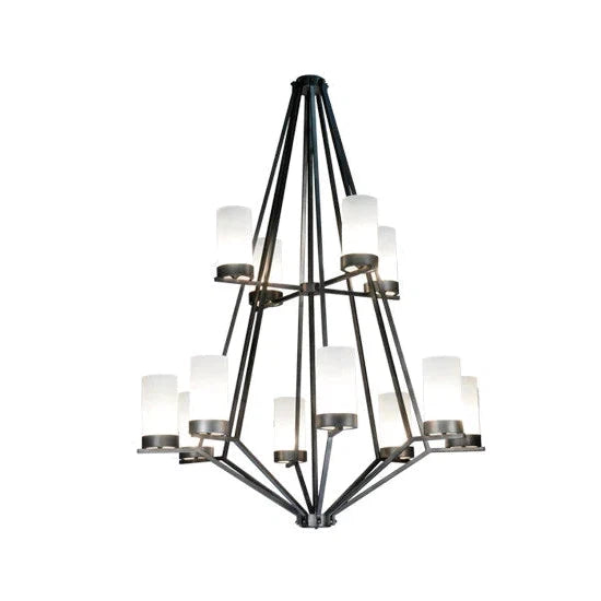 2nd Ave Lighting Galen 60" 12-Light 2-Tier Frosted Glass Shade Wrought Iron Steel Chandelier