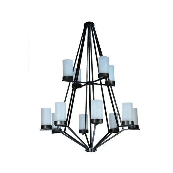 2nd Ave Lighting Galen 60" 12-Light 2-Tier Frosted Glass Shade Wrought Iron Steel Chandelier