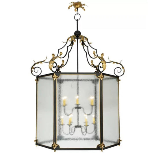2nd Ave Lighting Ganser 60" 12-Light Clear Seeded Glass Shade Black Gold Lantern Pendant Light