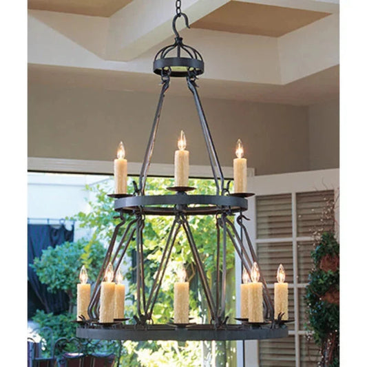 2nd Ave Lighting Lakeshore 36" 12-Ivory Faux Candlelights Two Tier Antique Iron Gate Metal Chandelier