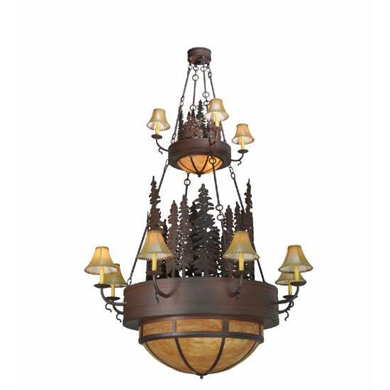 2nd Ave Lighting Walden Pine 54" 12 Ivory Faux Candle Light Beige Leather Shades Rust Over Wrought Iron 2-Tier Chandelier