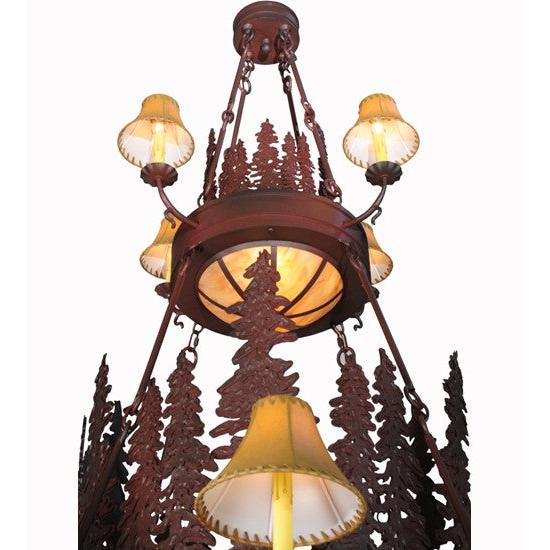 2nd Ave Lighting Walden Pine 54" 12 Ivory Faux Candle Light Beige Leather Shades Rust Over Wrought Iron 2-Tier Chandelier