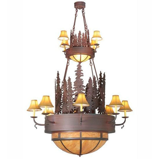 2nd Ave Lighting Walden Pine 54" 12 Ivory Faux Candle Light Beige Leather Shades Rust Over Wrought Iron 2-Tier Chandelier