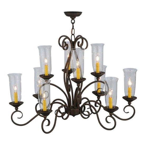 2nd Ave Lighting Wallis 36" 10-Light Clear Glass Hurricane Shade Gilded Tobacco Oblong Chandelier
