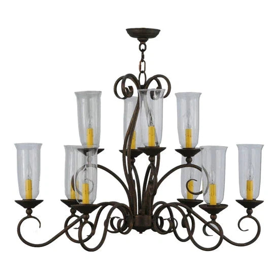 2nd Ave Lighting Wallis 36" 10-Light Clear Glass Hurricane Shade Gilded Tobacco Oblong Chandelier