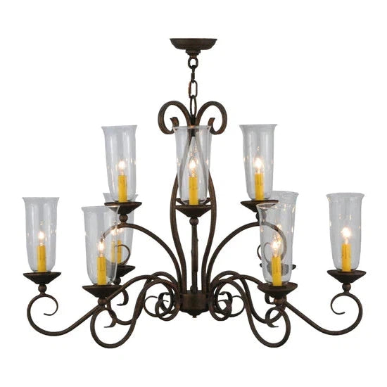 2nd Ave Lighting Wallis 36" 10-Light Clear Glass Hurricane Shade Gilded Tobacco Oblong Chandelier