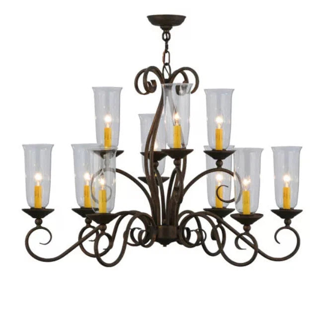 2nd Ave Lighting Wallis 36" 10-Light Clear Glass Hurricane Shade Gilded Tobacco Oblong Chandelier