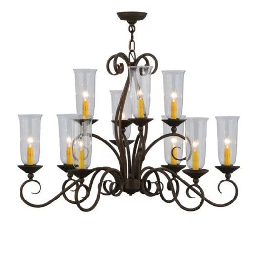 2nd Ave Lighting Wallis 36" 10-Light Clear Glass Hurricane Shade Gilded Tobacco Oblong Chandelier
