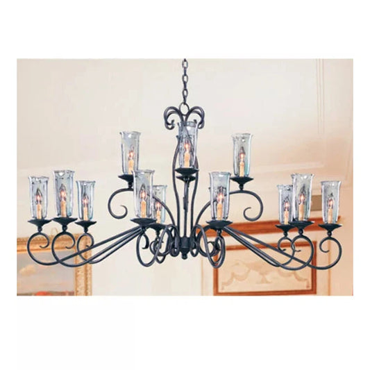 2nd Ave Lighting Wallis 60" 14-Light Clear Glass Hurricane Shade Antique Iron Gate Long Oblong Chandelier