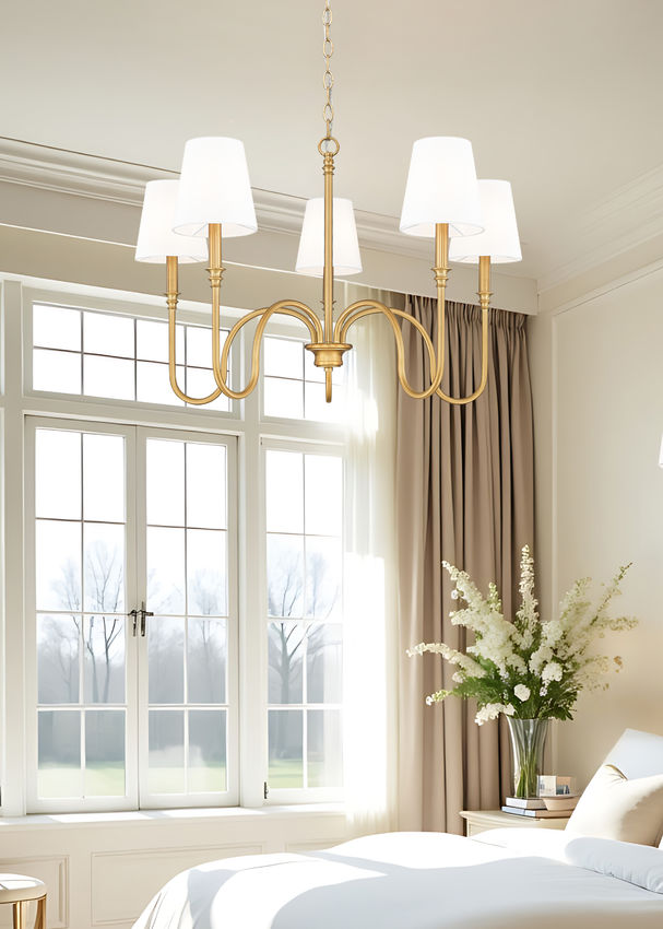 Z-Lite Jisele 30" 5-Light Rubbed Brass Steel Frame White Linen Shade Chandelier