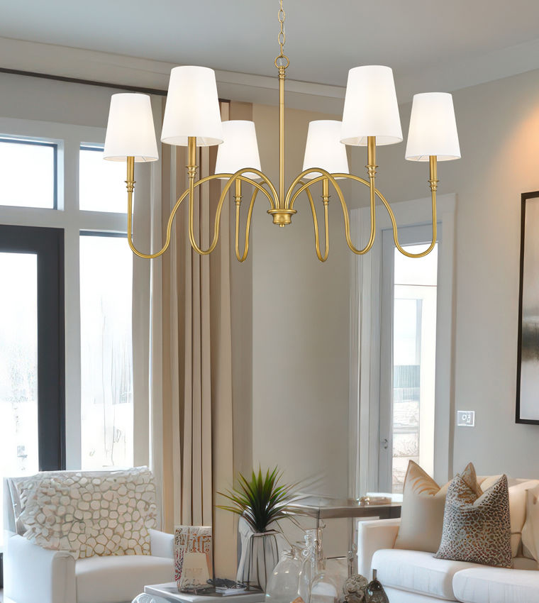 Z-Lite Jisele 42" 6-Light Rubbed Brass Steel Frame White Linen Shade Chandelier