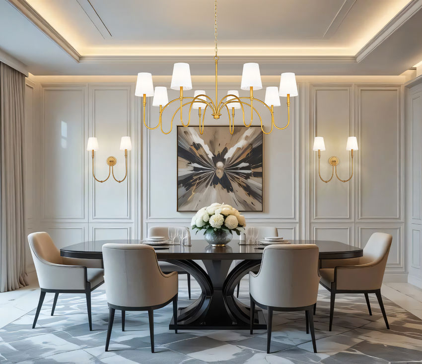 Z-Lite Jisele 59" 8-Light Rubbed Brass Steel Frame White Linen Shade Chandelier