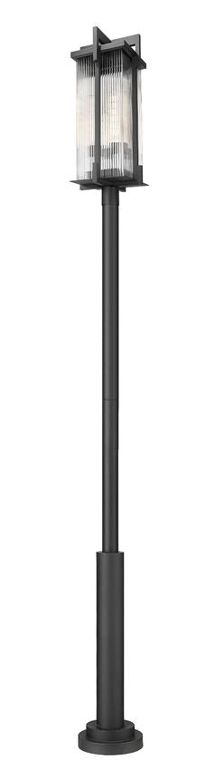 Z-Lite Fortis 5031PHXLR-5010P-BK 3-Light Aluminum Sand Black Frame Clear Ribbed Glass Shade Outdoor Post Mounted Fixture