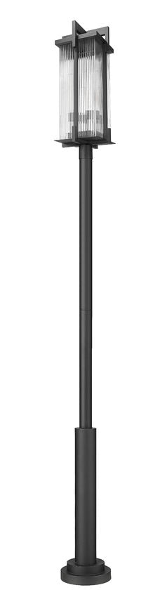 Z-Lite Fortis 5031PHXLR-5010P-BK 3-Light Aluminum Sand Black Frame Clear Ribbed Glass Shade Outdoor Post Mounted Fixture