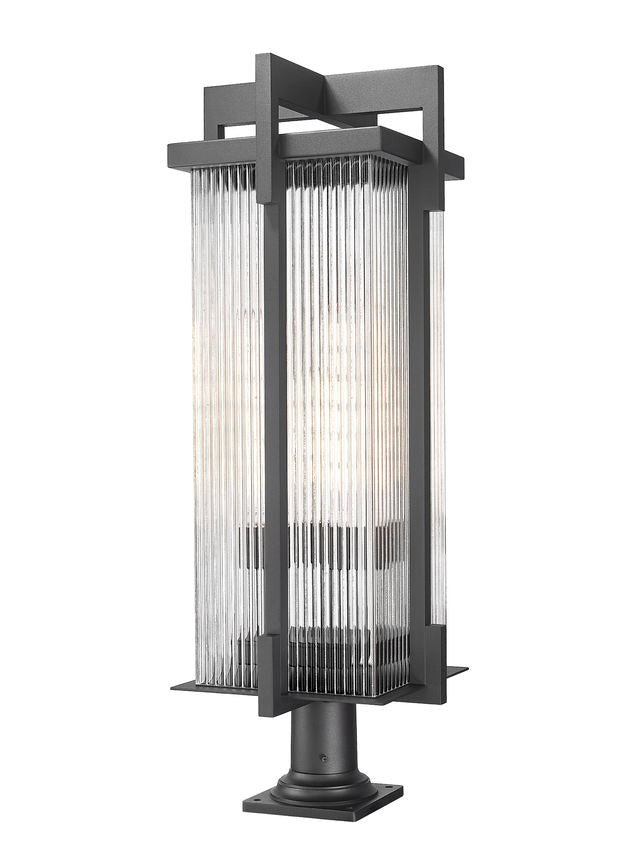 Z-Lite Fortis 5031PHXLR-533PM-BK 3-Light Aluminum Sand Black Frame Clear Ribbed Glass Shade Outdoor Post Mounted Fixture