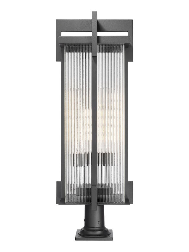 Z-Lite Fortis 5031PHXLR-533PM-BK 3-Light Aluminum Sand Black Frame Clear Ribbed Glass Shade Outdoor Post Mounted Fixture