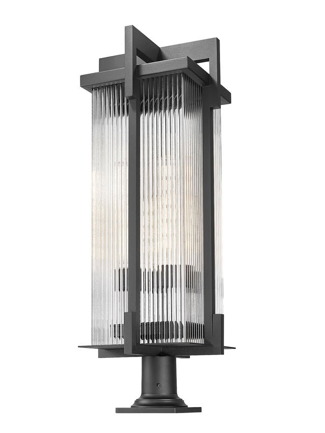 Z-Lite Fortis 5031PHXLR-533PM-BK 3-Light Aluminum Sand Black Frame Clear Ribbed Glass Shade Outdoor Post Mounted Fixture