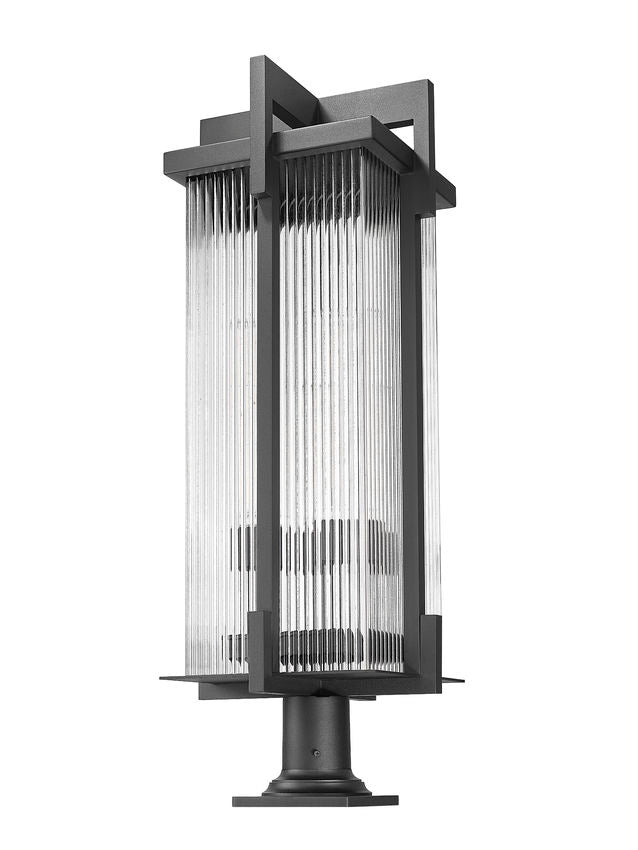 Z-Lite Fortis 5031PHXLR-533PM-BK 3-Light Aluminum Sand Black Frame Clear Ribbed Glass Shade Outdoor Post Mounted Fixture