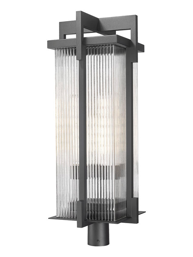 Z-Lite Fortis 5031PHXLR-BK 3-Light Aluminum Sand Black Frame Clear Ribbed Glass Shade Outdoor Post Mount Fixture