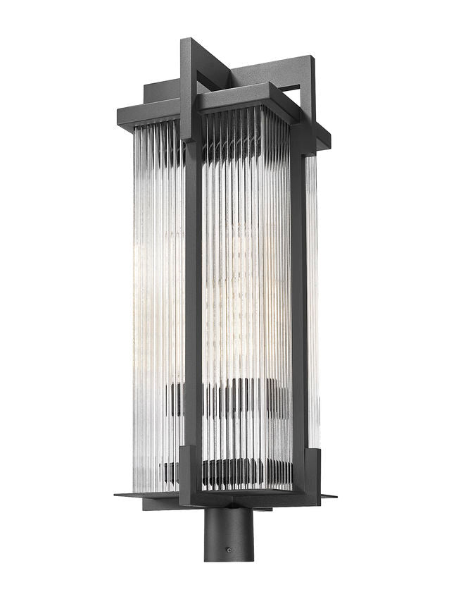 Z-Lite Fortis 5031PHXLR-BK 3-Light Aluminum Sand Black Frame Clear Ribbed Glass Shade Outdoor Post Mount Fixture