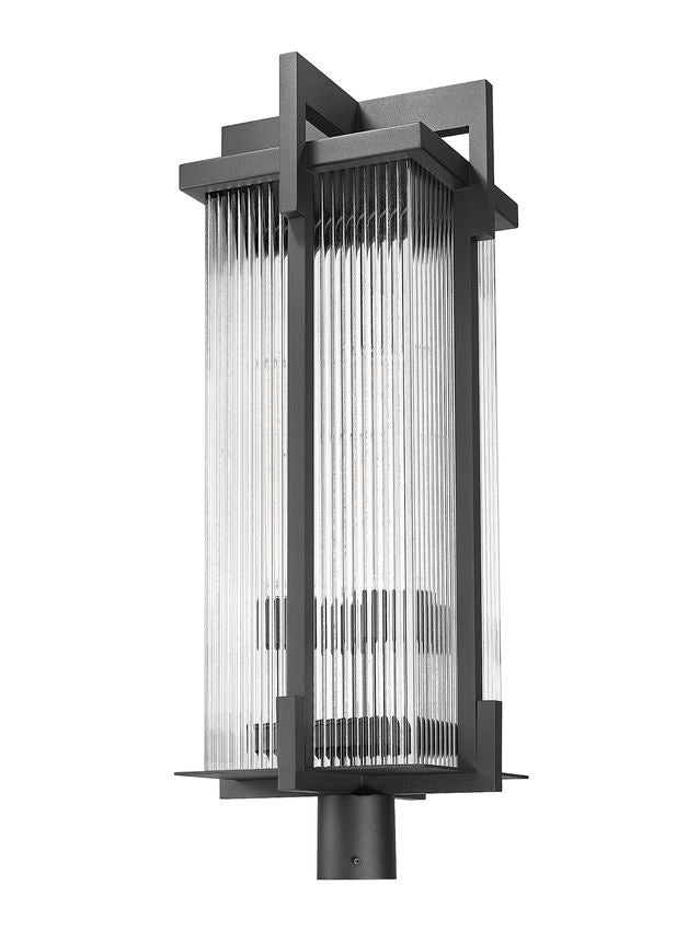 Z-Lite Fortis 5031PHXLR-BK 3-Light Aluminum Sand Black Frame Clear Ribbed Glass Shade Outdoor Post Mount Fixture