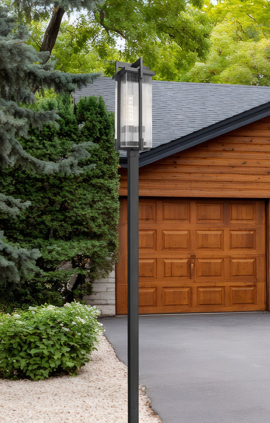 Z-Lite Fortis 5031PHXLS-536P-BK 3-Light Aluminum Sand Black Frame Clear Ribbed Glass Shade Outdoor Post Mounted Fixture