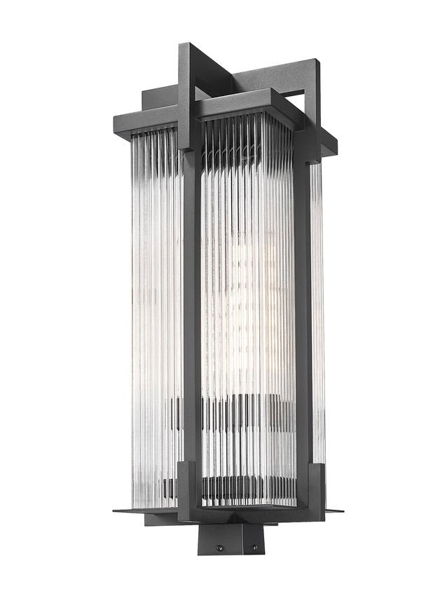 Z-Lite Fortis 5031PHXLS-BK 3-Light Aluminum Sand Black Frame Clear Ribbed Glass Shade Outdoor Post Mount Fixture