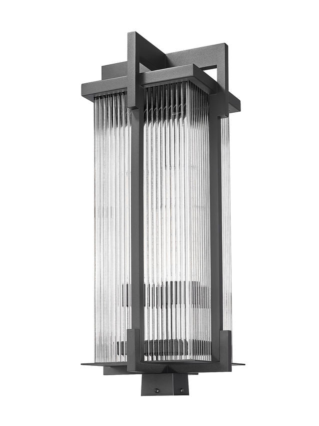 Z-Lite Fortis 5031PHXLS-BK 3-Light Aluminum Sand Black Frame Clear Ribbed Glass Shade Outdoor Post Mount Fixture