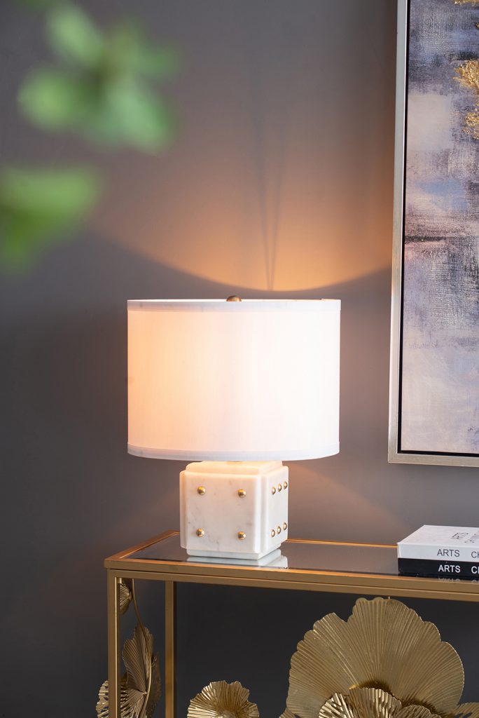 A&B Home 14" x 18" Bundle of 11 White Marble Dice Base With Gold Accent and Drum-Shaped Shade