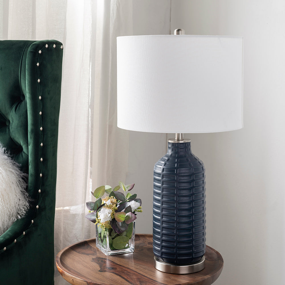 A&B Home 14" x 27" Bundle of 19 Blue Ceramic Textured Base With Silver Accent and White Drum Shade