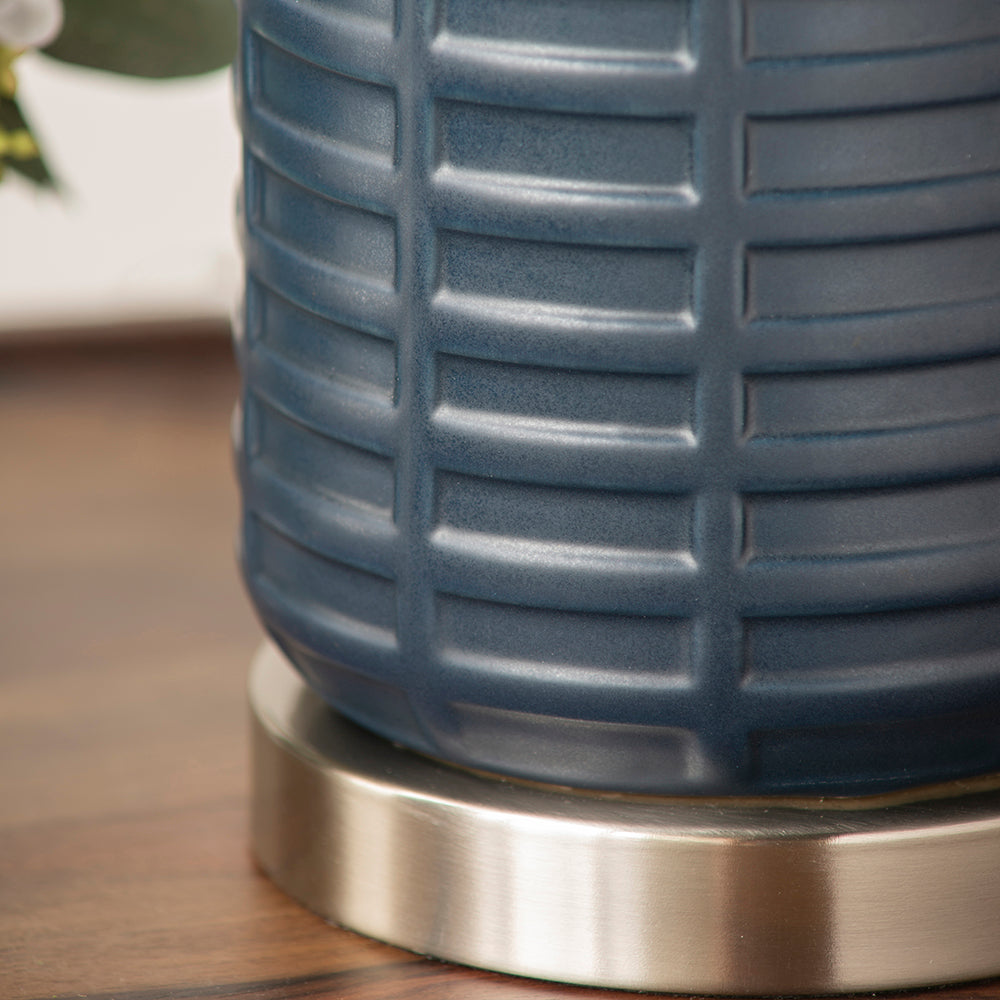 A&B Home 14" x 27" Bundle of 19 Blue Ceramic Textured Base With Silver Accent and White Drum Shade