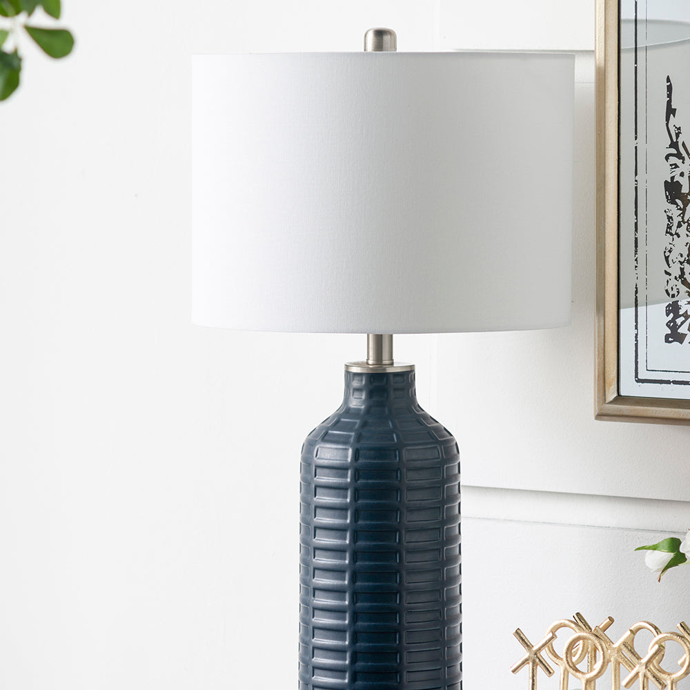 A&B Home 14" x 27" Bundle of 19 Blue Ceramic Textured Base With Silver Accent and White Drum Shade