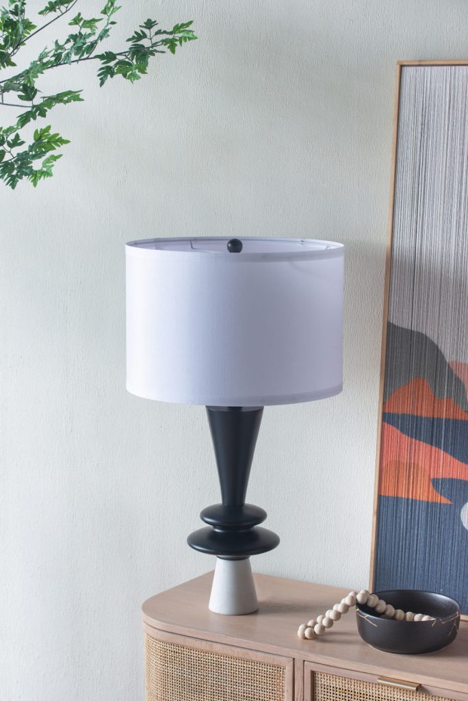 A&B Home 15" x 27" Bundle of 11 Black and White Table Lamp with Two Varying Disc Accents and White Drum-Shaped Shade