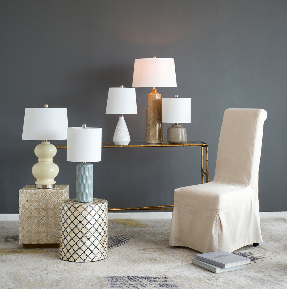 A&B Home 15" x 27" Buttery Yellow Stacked Globe Ceramic Table Lamp With Ivory Drum Shade